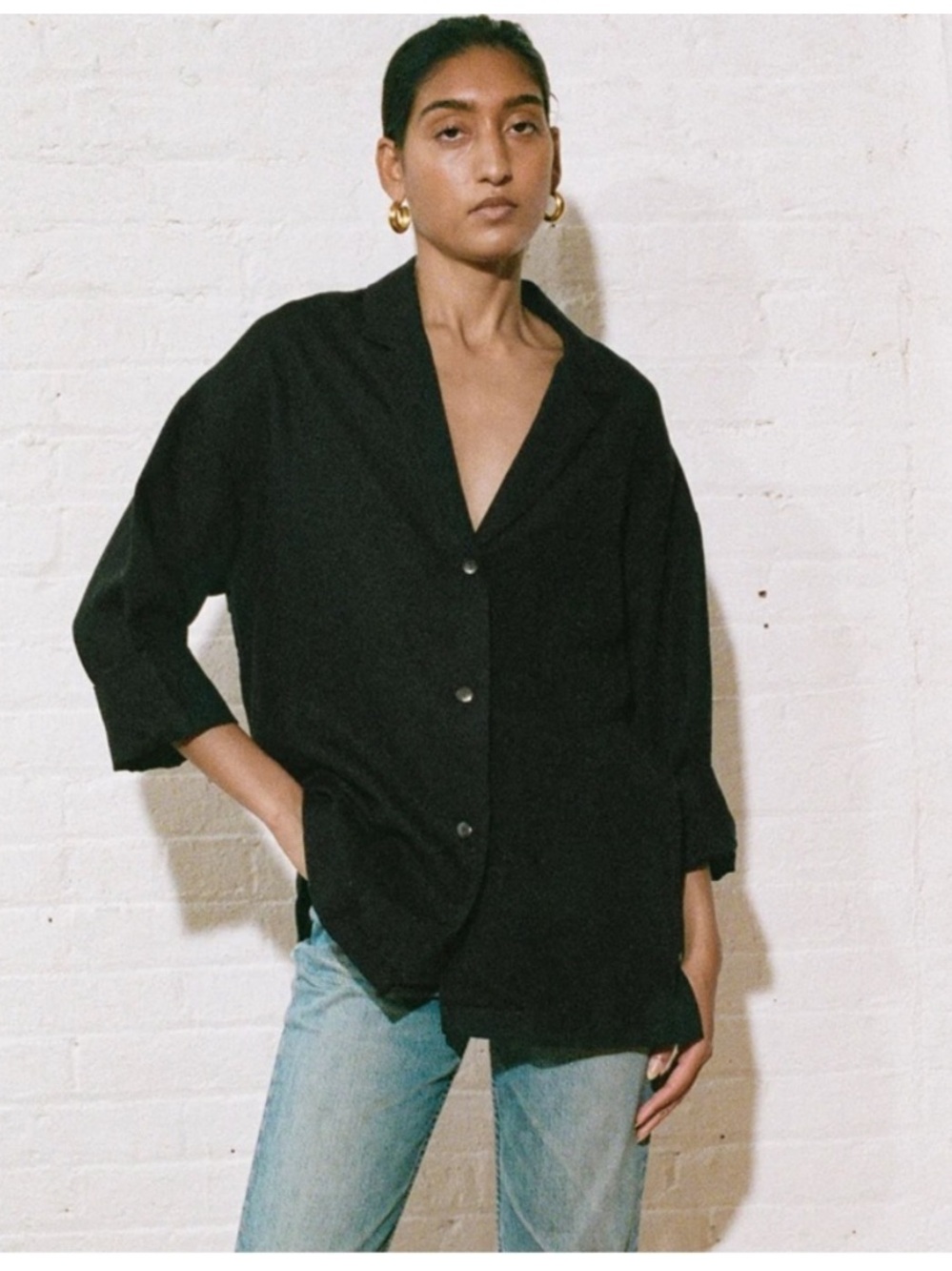 Mara Hoffman Linen Blend Black Relaxed Button-Front Top